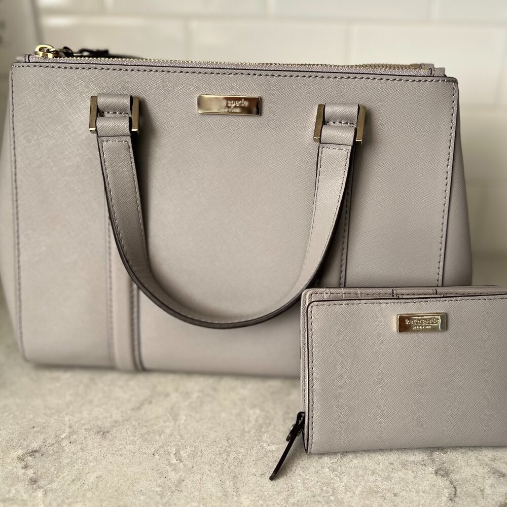 Kate Spade Set Newbury Lane Leather Grey Satchel matching wallet like new